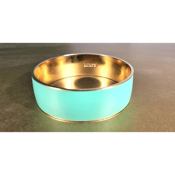 J Crew Bangle Bracelet Turquoise Green Enamel on Gold Tone Metal .75" Wide - Picture 1 of 7